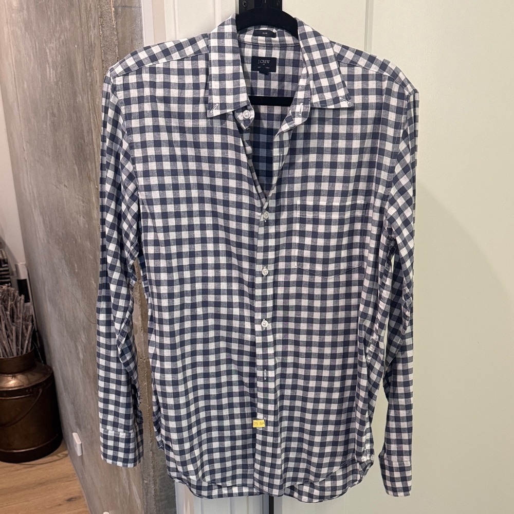 J. Crew Men's Navy and White Checkered Shirt